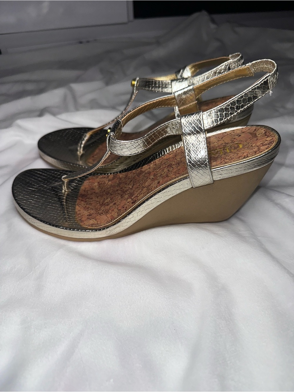 Chaps Metallic Gold T-Strap Wedge Sandals